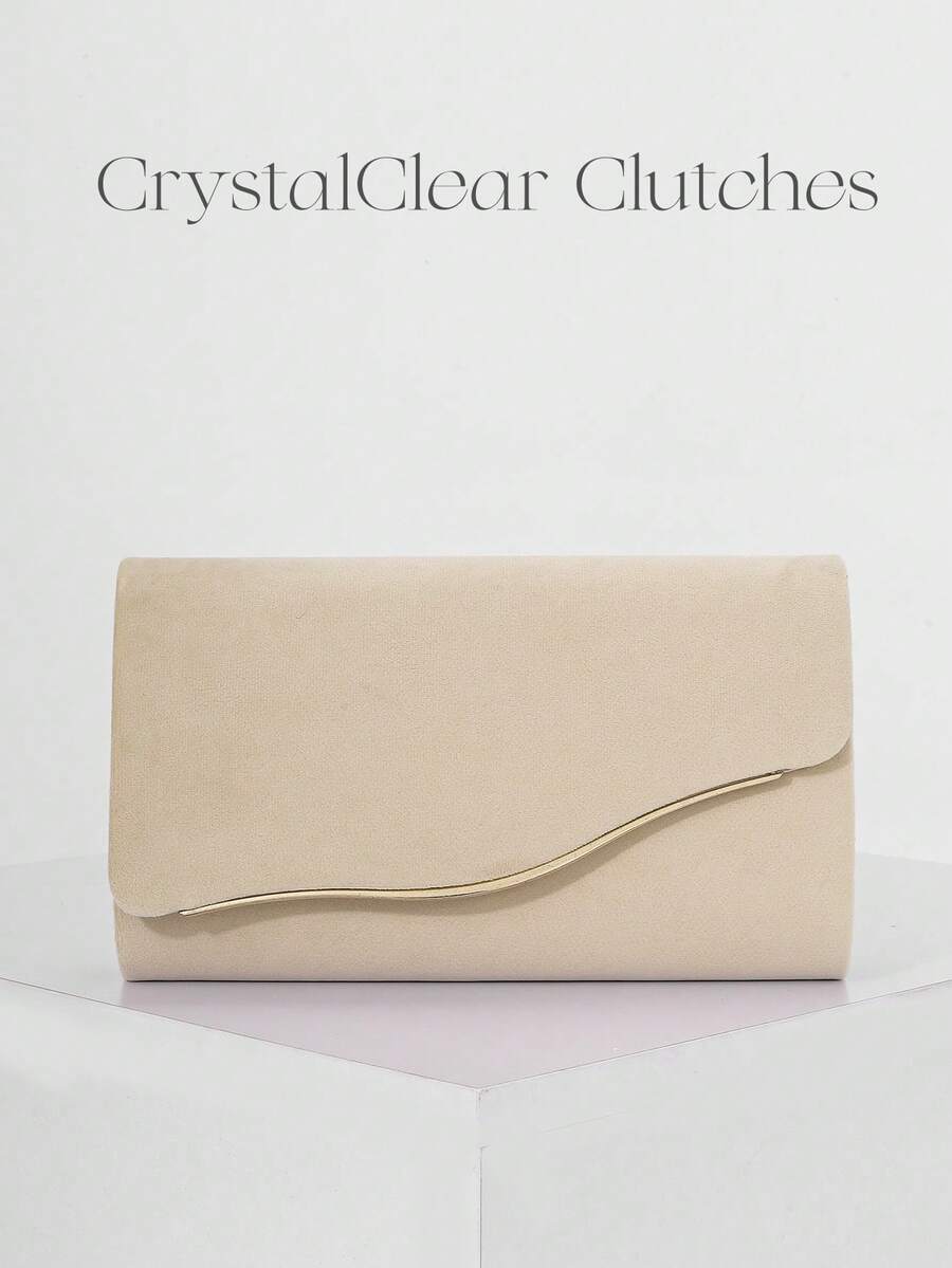 女士时尚简约铁丝装饰信封手拿包，PU 皮革晚宴包，适合婚礼、舞会、正式活动、派对，高品质链条单肩包/斜挎包 - 杏色 - 查看 1