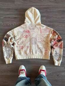 Unisex European And American Hot Selling Harajuku Y2K Street Printed Fashionable Hip-Hop Zipper Hooded Sweatshirt - 米色 - 查看 2