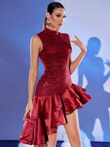 Wine Red Sleeveless Sequin Asymmetric/Asymmetrical Party Evening Cocktail Dress, Suitable For All Seasons