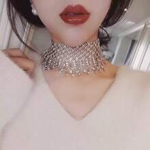 1 pieza Collar elegante y de moda con borla de red de strass plateada - Plateado - Ver 2