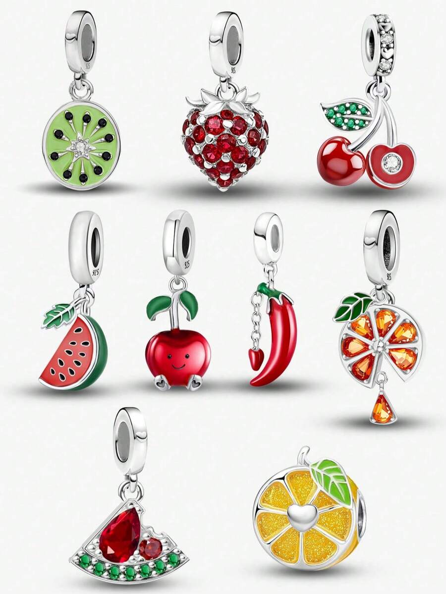 1 件时尚 925 纯银草莓串珠吊坠适合女士手链手镯 DIY 珠宝制作和日常服装搭配珠宝装饰适合女孩 - 銀色 - 查看 1