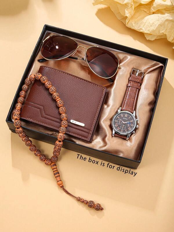 Set de 4 piezas/5 piezas de reloj de hombre + billetera + pulsera de cuentas, reloj de hombre de moda casual, elegante, de negocios, minimalista, de lujo y retro, accesorios esenciales diarios para hombres, adecuado como regalo para el Día de Acción de Gracias, aniversario, cumpleaños, festival de compras