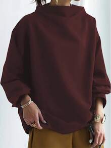 New Solid Color Spring, Summer And Autumn One-Shoulder High Collar Long Sleeve Top - Red Violet - View 2