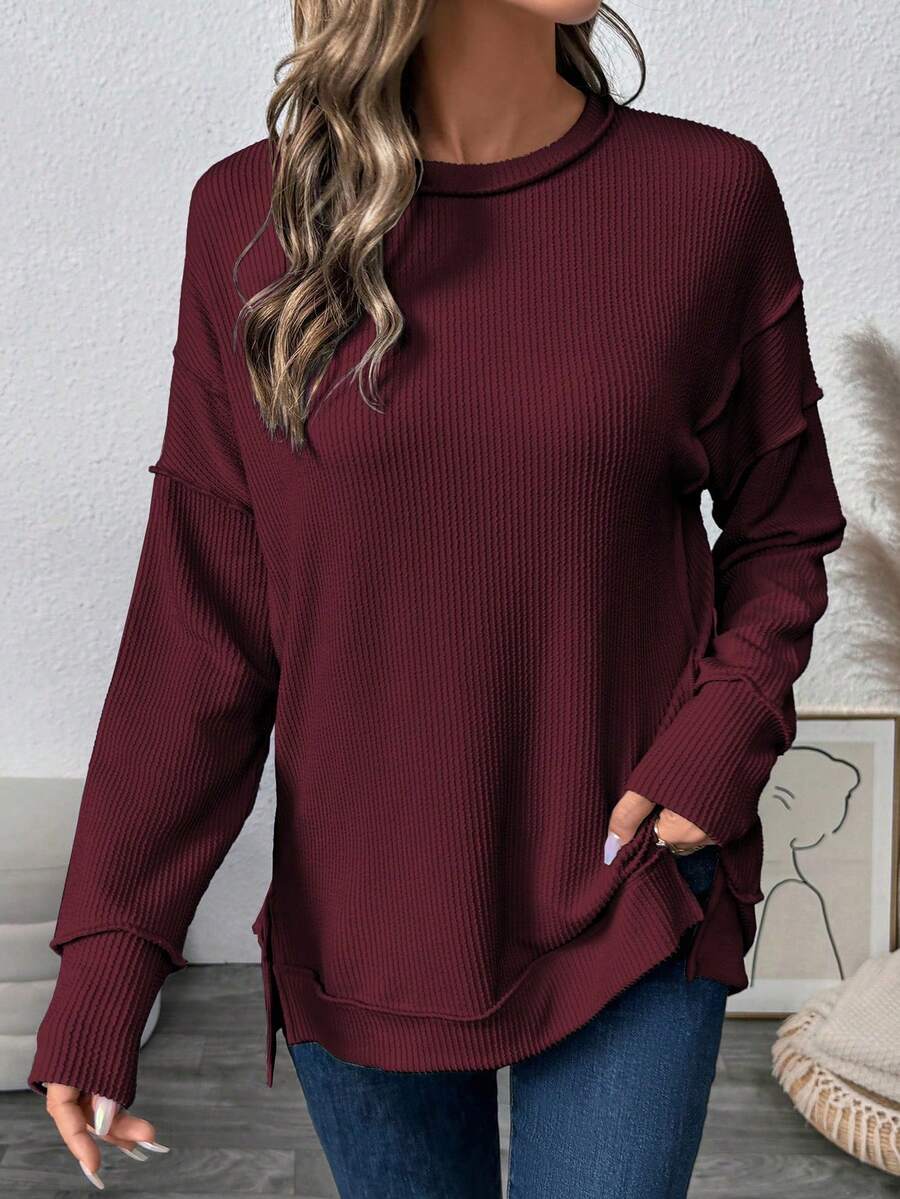 女士长袖衬衫，秋季罗纹宽松超大款卫衣，休闲侧开衩抽绳腰上衣 - 酒紅色 - 查看 1