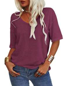 Women's 3/4 Sleeve Shirts V Neck Loose Fitting Tops Casual Solid Color Tshirts  Basic Tunic Summer Ladies Tops - Màu tím - Xem 3