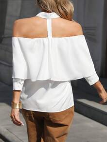 女士露肩纯色长袖衬衫，简约时尚