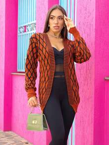 Women's Cardigan Knitting Puff Sleeve Winter Fashion Rhombus - màu nâu - Xem 1