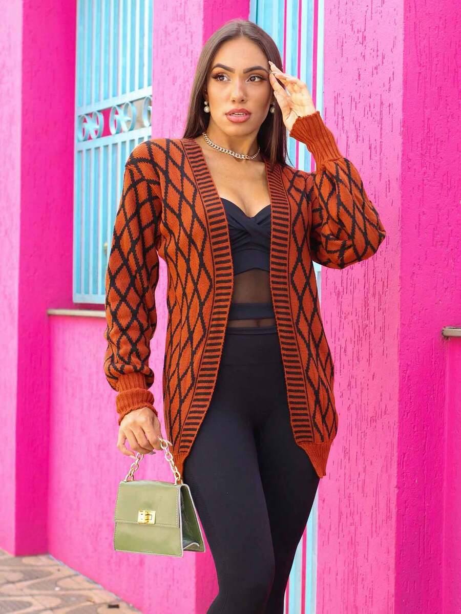 Women's Cardigan Knitting Puff Sleeve Winter Fashion Rhombus - màu nâu - Xem 1