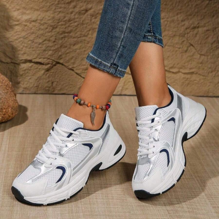 American Retro Contrast Color Running Shoes, Mesh Breathable, Thick Bottom Cushioning, Campus, Street, Daily Wear Template, Running Shoes To Grasp The Relaxation Feeling, 5cm High Casual Shoes,Popular Women's Casual Sports Shoes, Comfortable And Breathable, Non-Slip And Wear-Resistant, Light Foot Feel And Effective Shock Absorption Performance, Reducing The Pressure On The Feet When Walking. Suitable For Travel, Sports, Shopping And Walking. - 藍色 - 查看 1