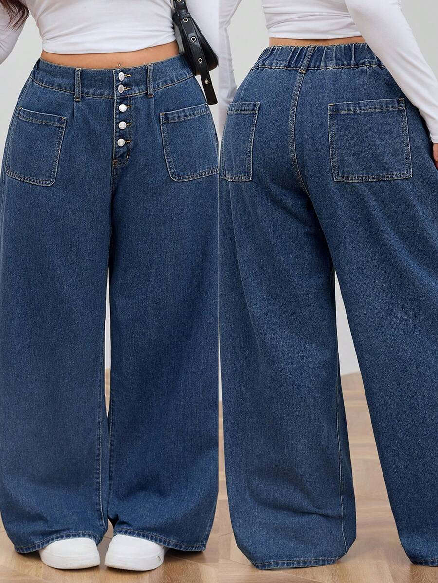 Dark Blue Wash Front Button Straight Leg Plus Size Boyfriend Jeans Elegant Daily Casual Outfit For Women High Waisted Long Pants Summer