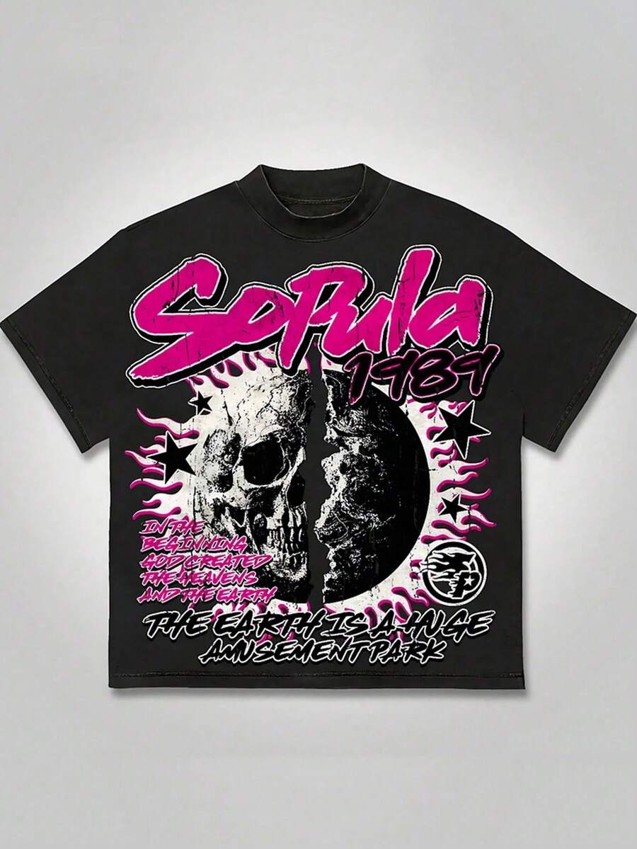 Y2k Style Tee (220g Cotton T-Shirt) Gothic  1989" Tee: Skull, Moon & Slogans Printed T-Shirts, Unisex T-Shirts, Casual And Comfortable To Wear Men's Summer Round Neck Short Sleeve T-Shirts, Fashion Printed T-Shirts, Uni T-Shirts, Casual And Comfortable To Wear Vintage - Style Graphic T - Shirt - 黑色 - 查看 1