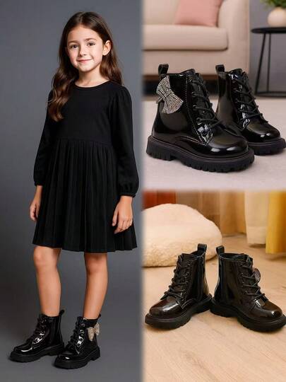 1 paire de bottes noires pour tout-petites filles, en matériau PU souple de couleur unie, avec décoration de nœud coloré, bout rond, lacets, semelle épaisse et chaude, style princesse mode et mignon, convient aux filles de 3 à 12 ans, pour un usage casual, les vacances, l'école, l'automne/l'hiver