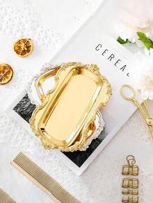 1pc Stainless Steel Tray, Embossed Dessert Plate, Mirror Jewelry Storage Plate, European Rectangular Dried Fruit And Snack Tray, Romantic Candlelight Dinner Prop, Afternoon Tea Cake Plate - MultiWarna - View 2