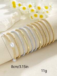 11件套时尚CCB金银仿珍珠多层弹力手链套装，可叠戴手链，适合女性日常、度假、派对佩戴 - 彩色 - 查看 3