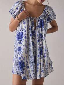 Women Tie Up Front Dress Puff Short Sleeve Crew Neck Mini Dresses Floral Print Y2k Ruffle A-Line Dress - Blue - View 1