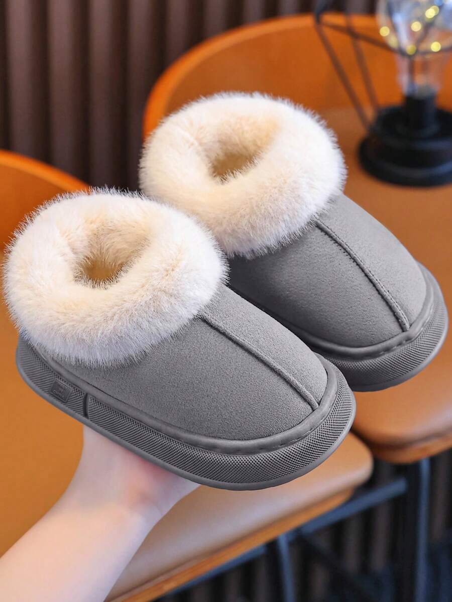 Kids Slip-On Slippers, Simple & Fashionable Indoor Home Fluffy Shoes, Autumn/Winter, Anti-Slip Thick Sole, Warm Lining, Suitable For Boys & Girls