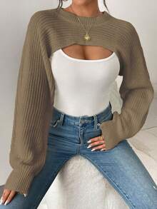 Áo len dệt kim gân màu trơn viền bất đối xứng - Màu Khaki - Xem 3