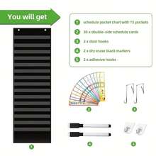 1 pieza Bolsa colgante con gráfico de planificación: Horario de rutina diaria / Organización del trabajo en el aula, incluye tarjetas de colores, ganchos, marcadores, adecuado para el aula, la oficina, la organización del tiempo y el trabajo en el hogar - Recolor - Ver 9