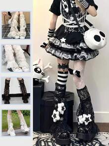 Y2K Lita Sweet Girl Leg Sock Set - Lace Patchwork + Ribbon Design, Thin Over-The-Knee Leg Warmers With Star Trim