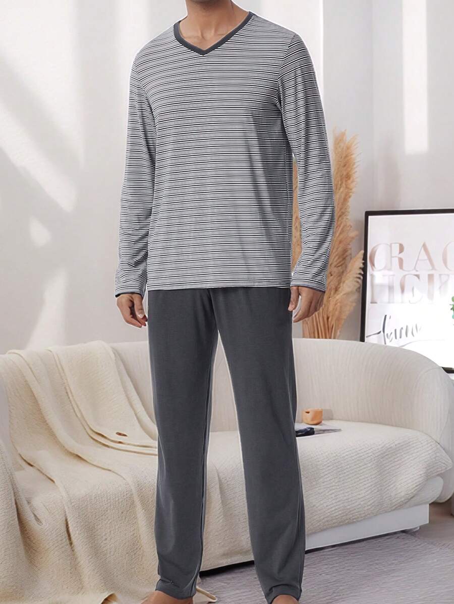 Conjunto de pijama de 2 piezas con top de manga larga de cuello en V con estampado de rayas y pantalones para hombre, ropa de estar por casa casual y cómoda para primavera y otoño