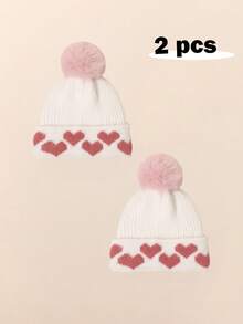 2pcs Baby Girl Winter Hat Cute Heart Pattern Plush Pom Knit Beanie Warm Hospital Cap For Infant Cold Weather Outdoor Accessories - Multicolor - View 3