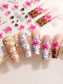 2/1pc 5D Retro Leopard Print Nail Stickers – Pink Hibiscus, Zebra & Leopard Patterns, French-Style Embossed Self-Adhesive Decals; Sexy & Glamorous Autumn/Winter Nail Art Decorations For DIY & Salons. - Multicolor - View 5