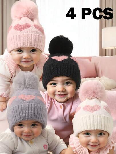 4pcs Newborn Toddler Baby Boy Girls Pom-Pom Beanie, Cozy Knit Winter Warm Heart Cute Pink Hat For Kids, Outdoor Accessories Winter Babies Beanies Hat
