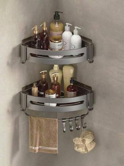 Luxurious Thickened Space Aluminum Bathroom Storage Rack, Can Be Hung On The Wall Without Drilling. Suitable For Triangular Baskets In Bathroom Shower Stalls Or Toilets. Shower Gel Rack. Corner Rack For Toilet Sink. Applicable Scenarios: Bathroom, Sink, Kitchen, Laundry Room, Bathroom Storage. Bathroom Accessories Bathroom Tools Bathroom Accessories