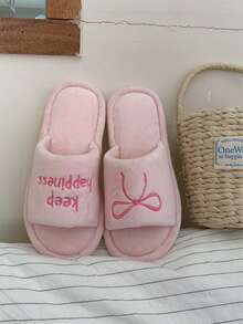 XIXITIAO 1双字母蝴蝶结刺绣平底拖鞋，少女风，百搭室内休闲软底拖鞋，适合秋冬季节，舒适家居拖鞋，饰有字母蝴蝶结图案 - 粉色 - 查看 8