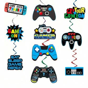 10/15 piezas Decoraciones vibrantes para fiesta de juegos 12 paquete | Recortes de tema de arcade retro y videojuegos modernos | Decoración colgante de PVC/papel para techo y pared | Decoraciones de cumpleaños y graduación