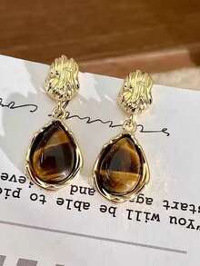 1 对时尚珐琅合金孔雀石色圆形耳钉耳环，经典时尚设计，适合女性 - 棕色 - 查看 15