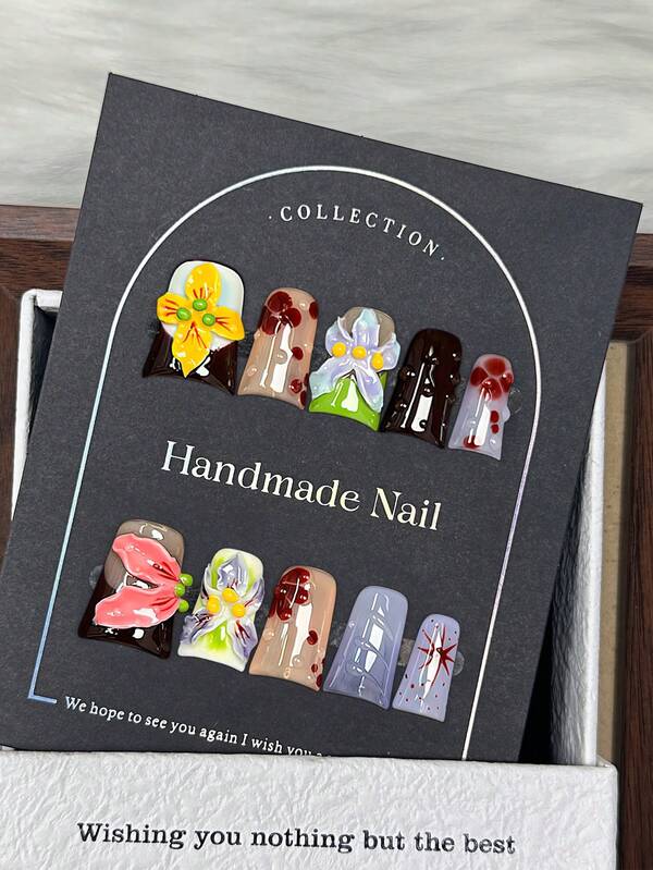 10 peças de unhas curtas artesanais Dopamine Duckbill, coloridas, pontas de unhas francesas decorativas com flores 3D, unhas postiças de Halloween com manchas de sangue vermelho, unhas postiças brilhantes com cobertura total com cola gelatinosa e lixas de unha, perfeitas para festas e uso diário