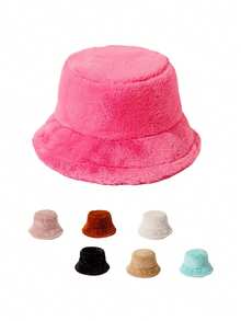 1pc Unisex Solid Color Faux Fur Bucket Hat, Casual Warm Outdoor Versatile Bucket Hat Suitable For Daily Use, Autumn - Solid Color - View 9