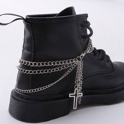 A Multi-Layer Hollow Cross Shoe Chain, Fashionable Punk Riding Boots With Detachable Buckle Accessories