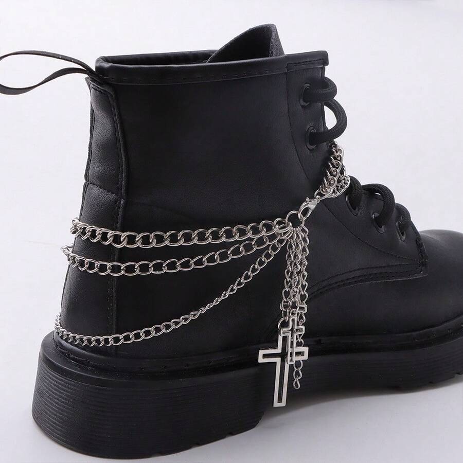 A Multi-Layer Hollow Cross Shoe Chain, Fashionable Punk Riding Boots With Detachable Buckle Accessories
