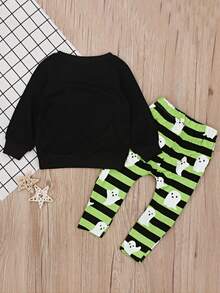 Conjunto de 2 peças de moletom de manga comprida com estampa de rosto sorridente para meninos e meninas de Halloween + calça listrada - Preto - Ver 4