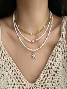 1 Set Multi-Layer Starfish Shell Necklace - Stackable Beach Jewelry, Summer Seaside, Dainty Beaded, Vacation Gift For Women - Vàng - Xem 2