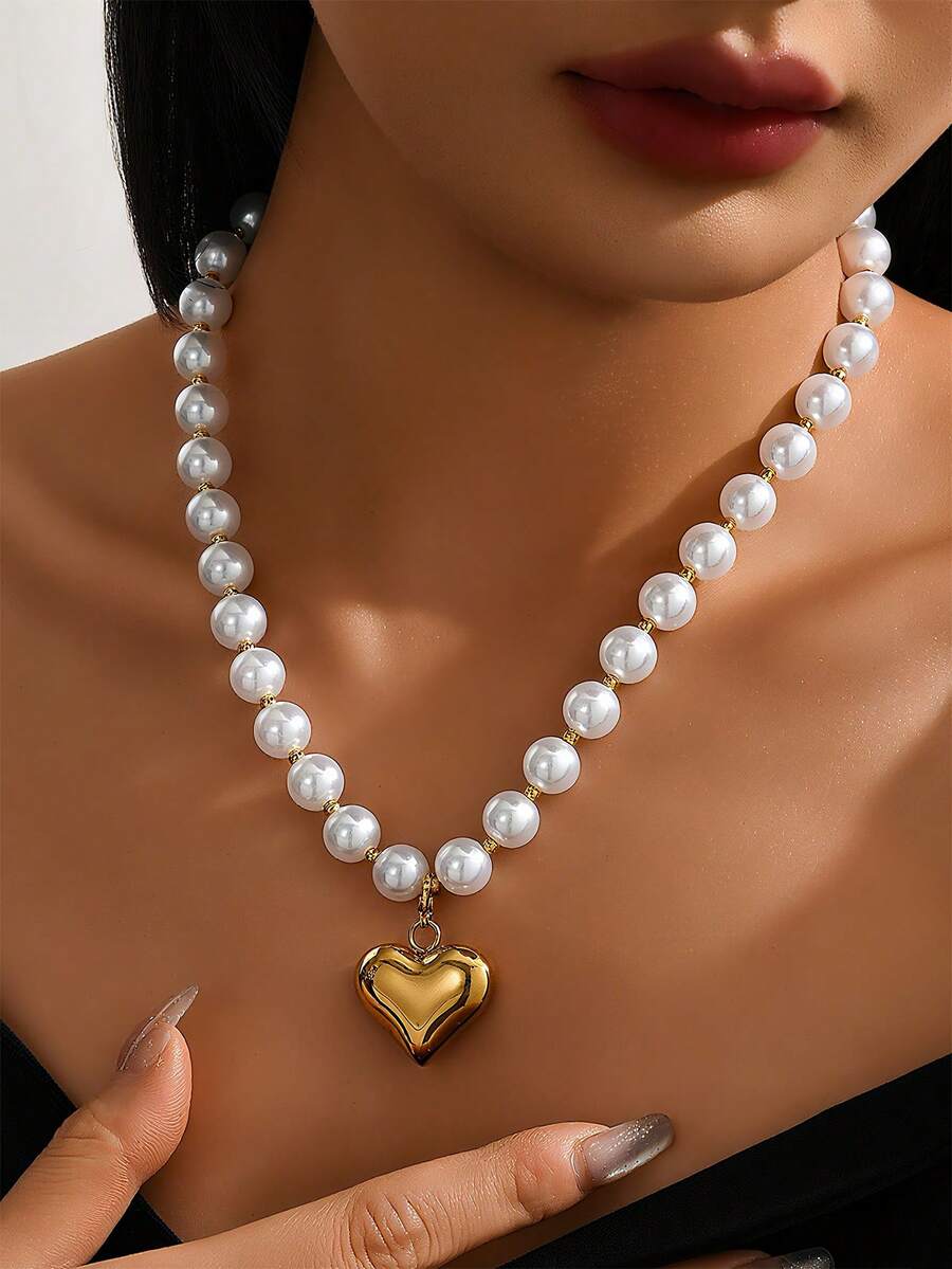 MONALLY Dây chuyền mặt dây hình trái tim ngoại cỡ mạ vàng 18K, dây xích thép không gỉ dành cho nữ, thích hợp cho đám cưới, lễ đính hôn, lời hứa, cô dâu, kỷ niệm, ngày lễ tình nhân, các dịp hàng ngày, quà tặng lãng mạn ngày lễ. - Vàng - Xem 1