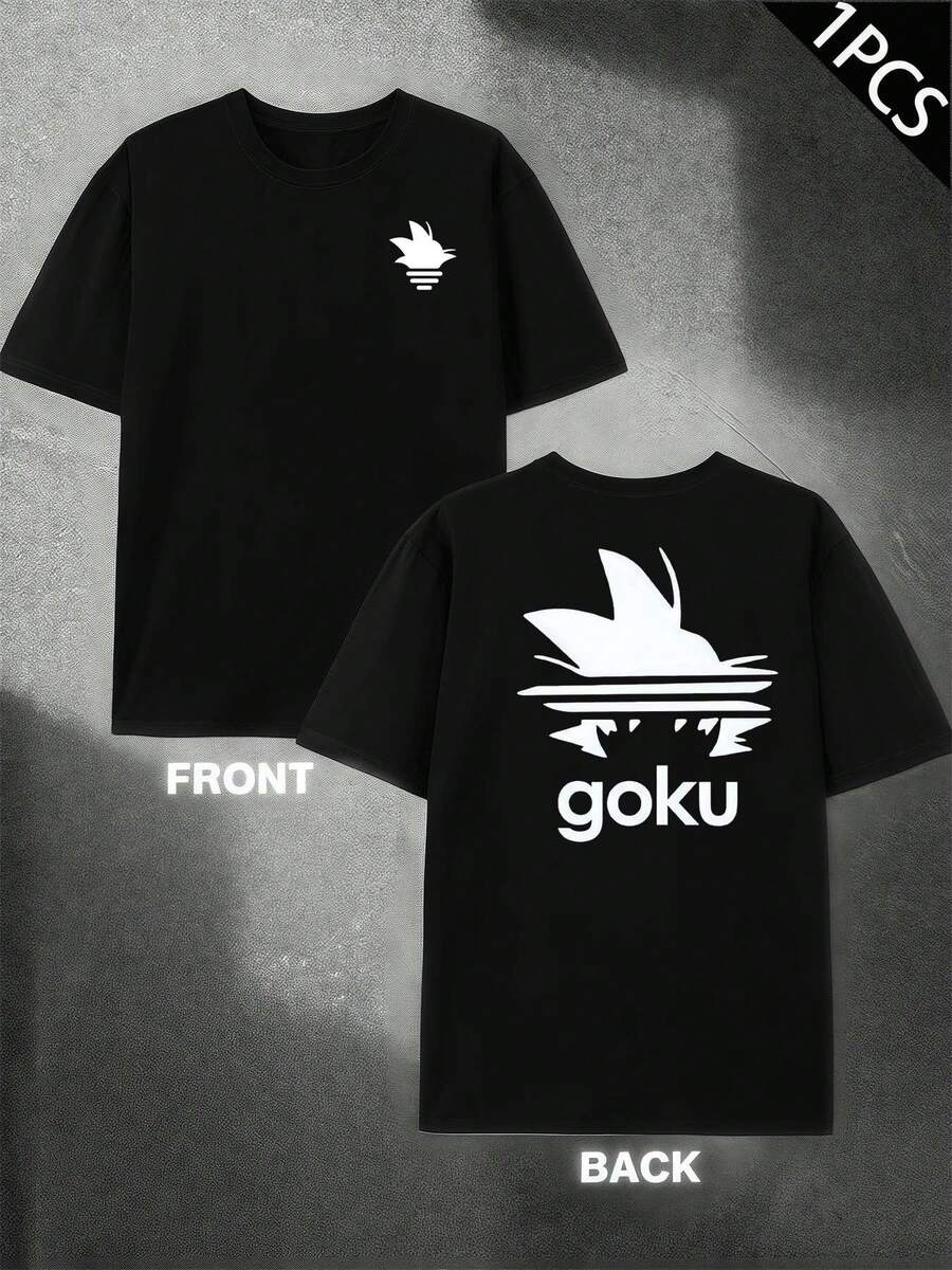 Goku Anime Style T-Shirt, Men's Double-Sided Printed T-Shirt, Fashion Casual Round Neck, 220g/M2 Pure Cotton (1 Piece) - 黑色 - 查看 1