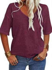 Women's 3/4 Sleeve Shirts V Neck Loose Fitting Tops Casual Solid Color Tshirts  Basic Tunic Summer Ladies Tops - Màu tím - Xem 1