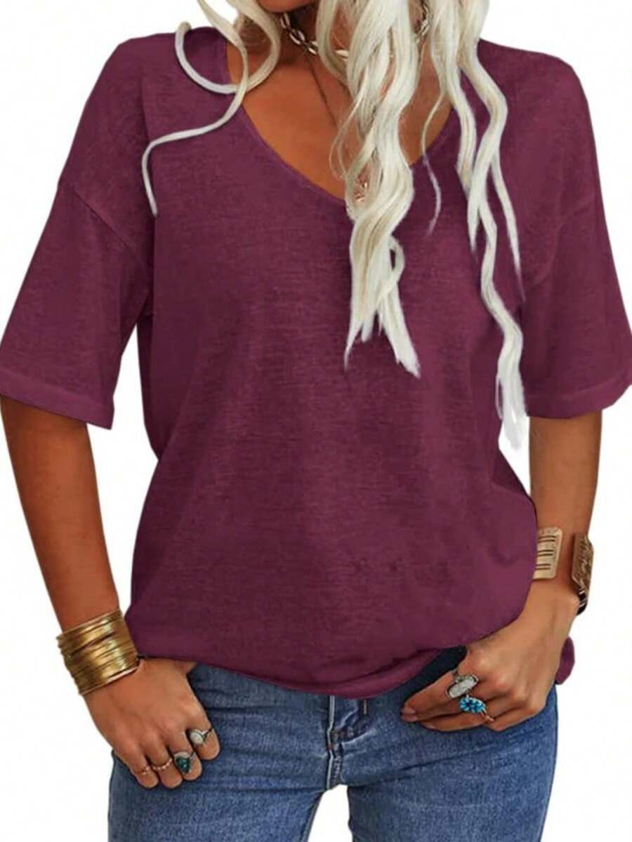 Women's 3/4 Sleeve Shirts V Neck Loose Fitting Tops Casual Solid Color Tshirts  Basic Tunic Summer Ladies Tops - Màu tím - Xem 1