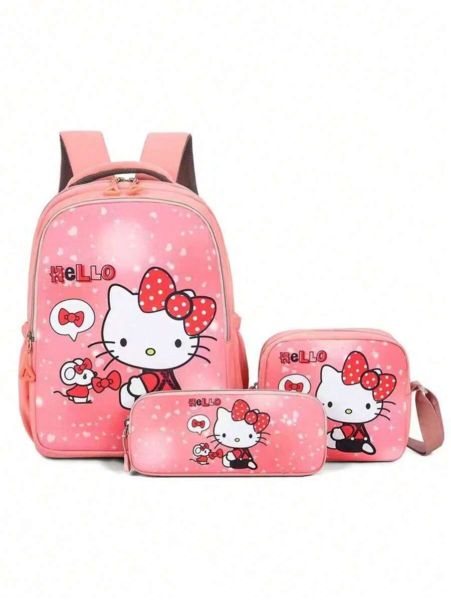 Sanrio 1 pieza Conjunto de 3 piezas de mochila Sanrio Hello Kitty Kulomi, estampado de gato anime KT, adecuado para estudiantes de secundaria y preparatoria, mochila, bolso de hombro, estuche de lápices, para la escuela, temporada de regreso a clases, salidas y regalos