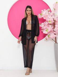 Printed Tulle Beach Cover-Up, Shirt And Pants Set - Black - View 1