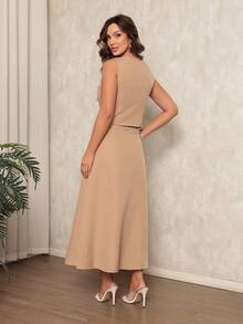 Women's Set: Vest With Fake Pocket And Buttons And Long Twill Skirt - 卡其色 - 查看 5