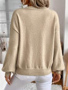 Women's Solid Color Round Neck Drop Shoulder Long Sleeve Pearl Decor Fashion Sweater, Autumn/Winter