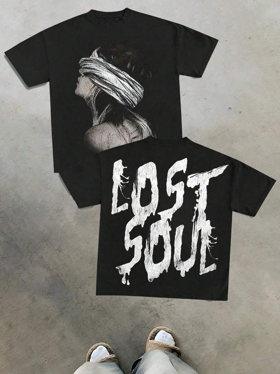 "LOST SOUL" Dark Graphic Tee Y2k Style Tee (220g Cotton T-Shirt) Printed T-Shirts, Unisex T-Shirts, Casual And Comfortable To Wear Men's Summer Round Neck Short Sleeve T-Shirts, Fashion Printed T-Shirts, Uni T-Shirts, Casual And Comfortable To Wear Vintage - Style Graphic T - Shirt - 黑色 - 查看 1