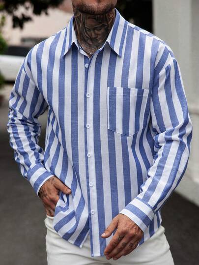 Men's Blue & White Striped Linen Blend Loose Fit Long Sleeve Shirt, Autumn/Winter New Arrival