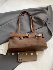 1pc Low Tea Solid Color Suede Fabric Shoulder Bag, Women's Retro Fashion Square Shoulder Bag With Top Double Handles, Zipper Closure, Suitable For Travel, Shopping, Dating, Women's Gift, Great For Commuting, Outdoor, Travel, Hiking , Office Bag