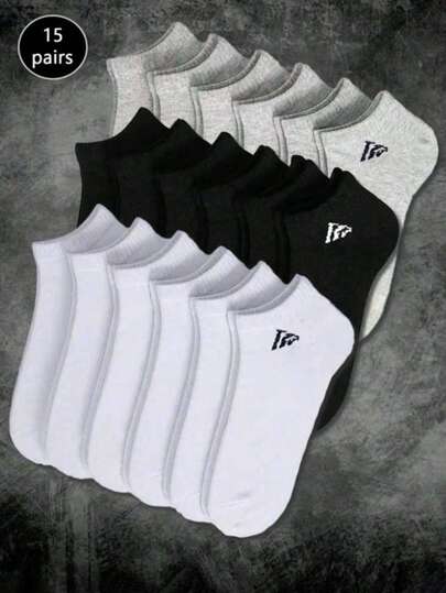 15 Pairs Unisex Socks, Sports Socks, White/Black/Gray Short Socks, Invisible Socks, Solid Color Minimalist Fashion, Suitable For Casual Daily Wear