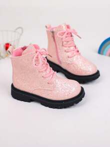 1 Pair Children's Fashion Casual Non-Slip Boots, Solid Color Shiny Lace-Up Design, Side Zipper Girls' Boots Suitable For Travel And Vacation (Random Sole)